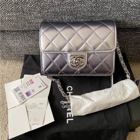 SOLD. NEW IN BOX. Chanel mini flap bag in metallic leather